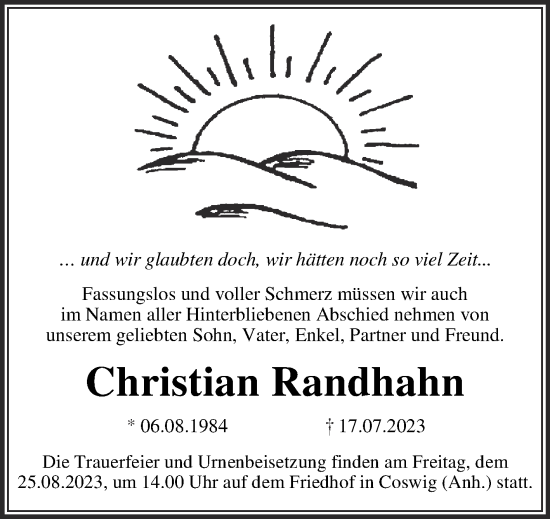 Traueranzeige von Christian Randhahn von Trauerkombi Wittenberg