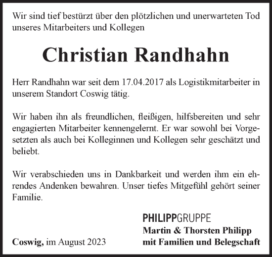 Traueranzeige von Christian Randhahn von Super Sonntag Wittenberg