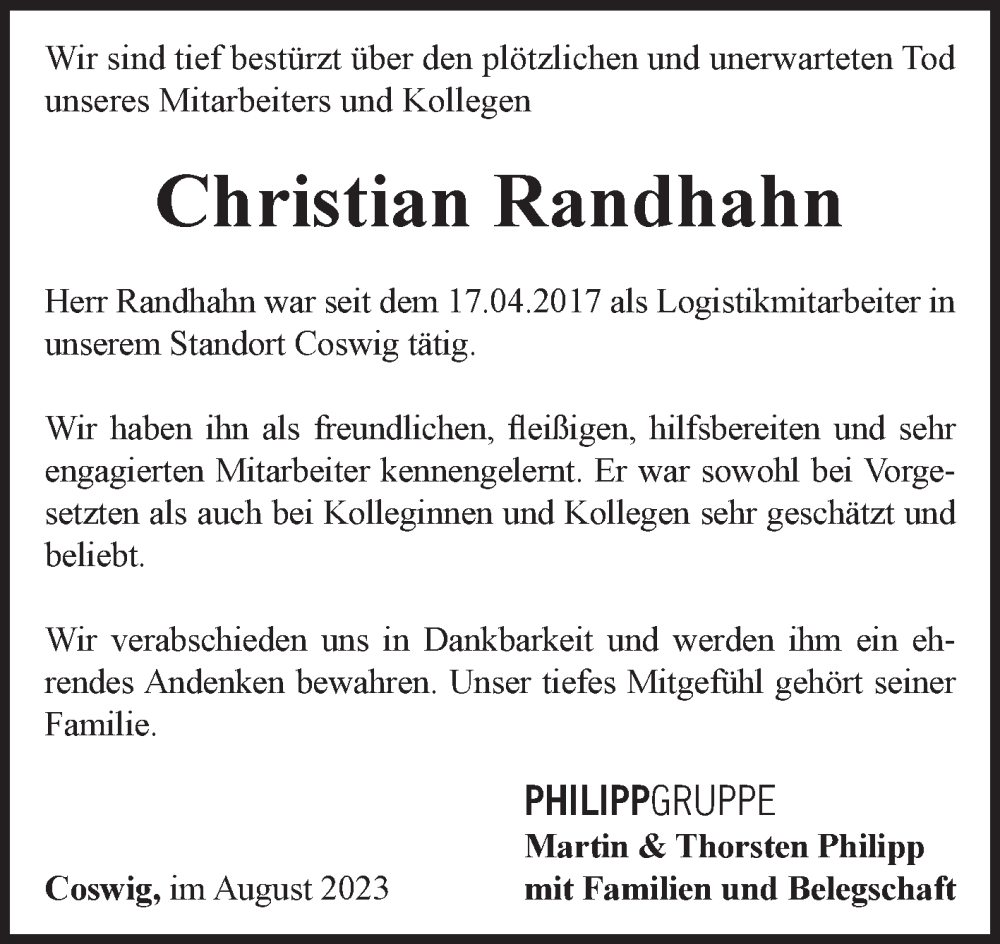  Traueranzeige für Christian Randhahn vom 12.08.2023 aus Super Sonntag Wittenberg