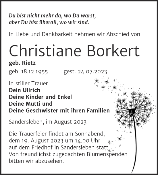 Traueranzeige von Christiane Borkert von Trauerkombi Mansfelder Land