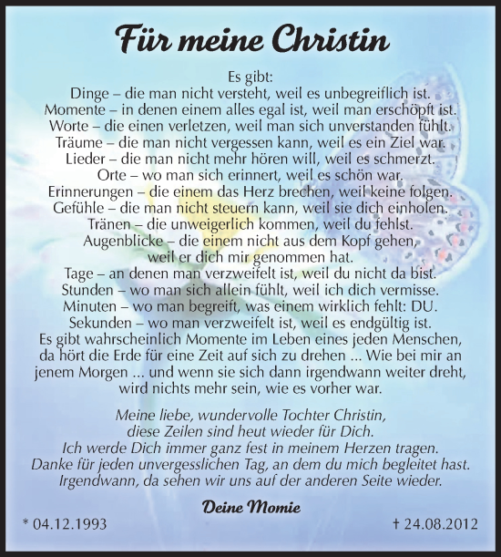 Traueranzeige von Christin  von Volksstimme Magdeburg
