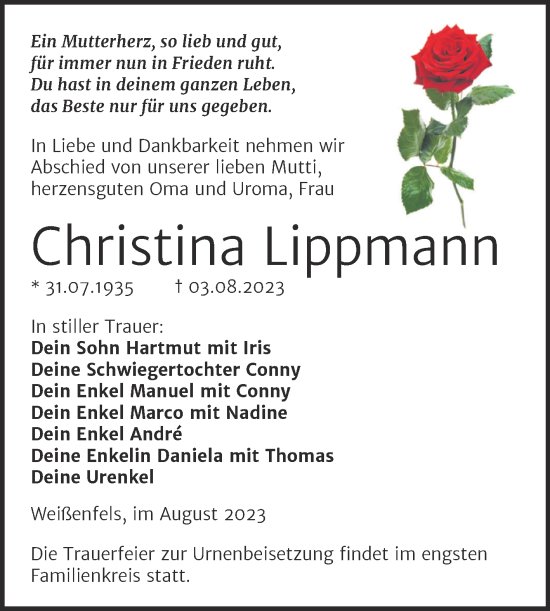 Traueranzeige von Christina Lippmann von Trauerkombi Weißenfels