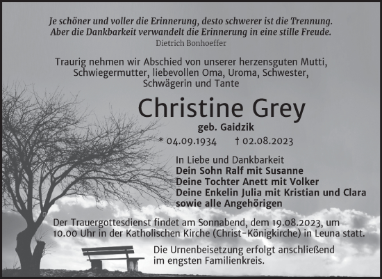Traueranzeige von Christine Grey von Trauerkombi Merseburg