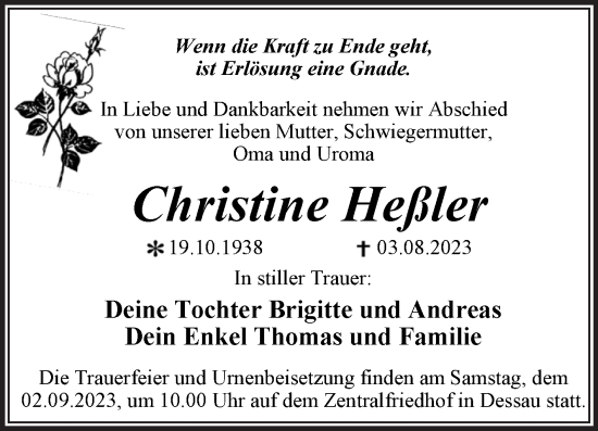 Traueranzeige von Christine Heßler von Trauerkombi Dessau