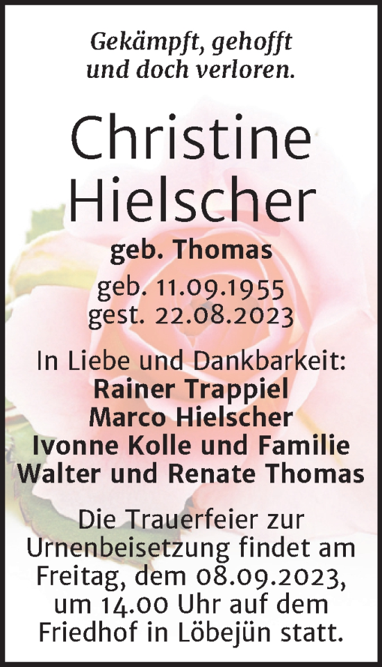 Traueranzeige von Christine Hielscher von Mitteldeutsche Zeitung Halle/Saalkreis