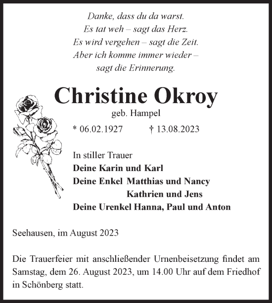 Traueranzeige von Christine Okroy von Volksstimme Altmark Ost