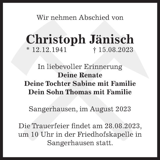 Traueranzeige von Christoph Jänisch von Trauerkombi Sangerhausen