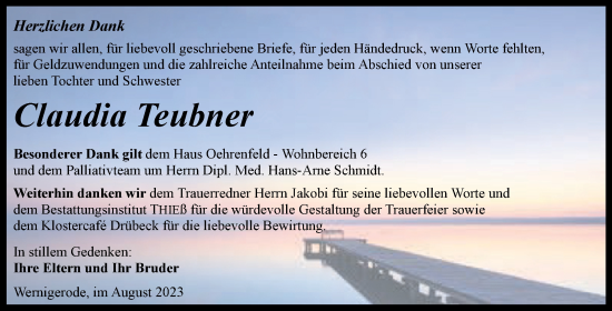 Traueranzeige von Claudia Teubner von Volksstimme Wernigerode