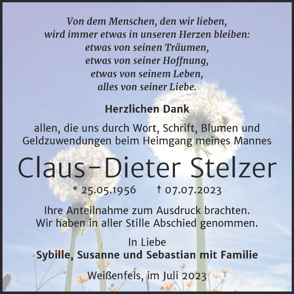  Traueranzeige für Claus-Dieter Stelzer vom 09.08.2023 aus Trauerkombi Weißenfels