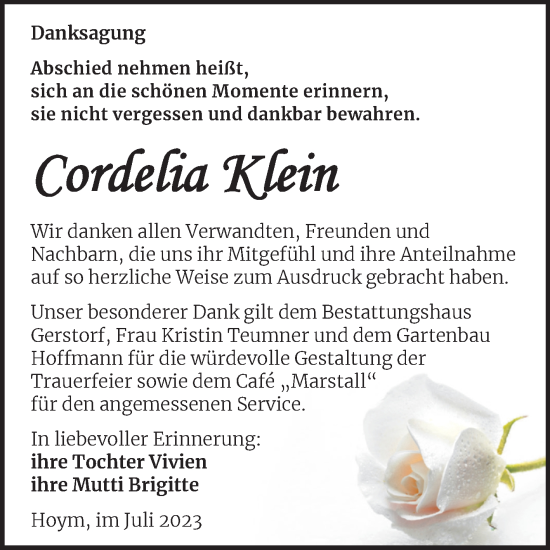 Traueranzeige von Cordelia Klein von Trauerkombi Aschersleben