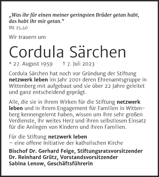 Traueranzeige von Cordula Särchen 