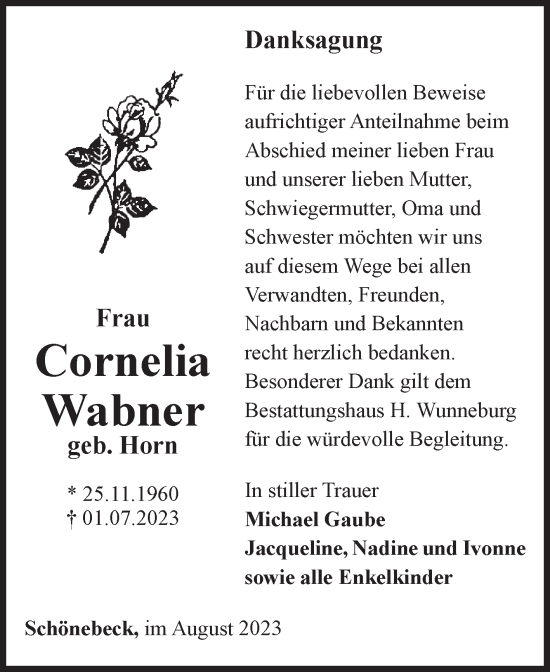 Traueranzeige von Cornelia Wabner von Volksstimme Schönebeck