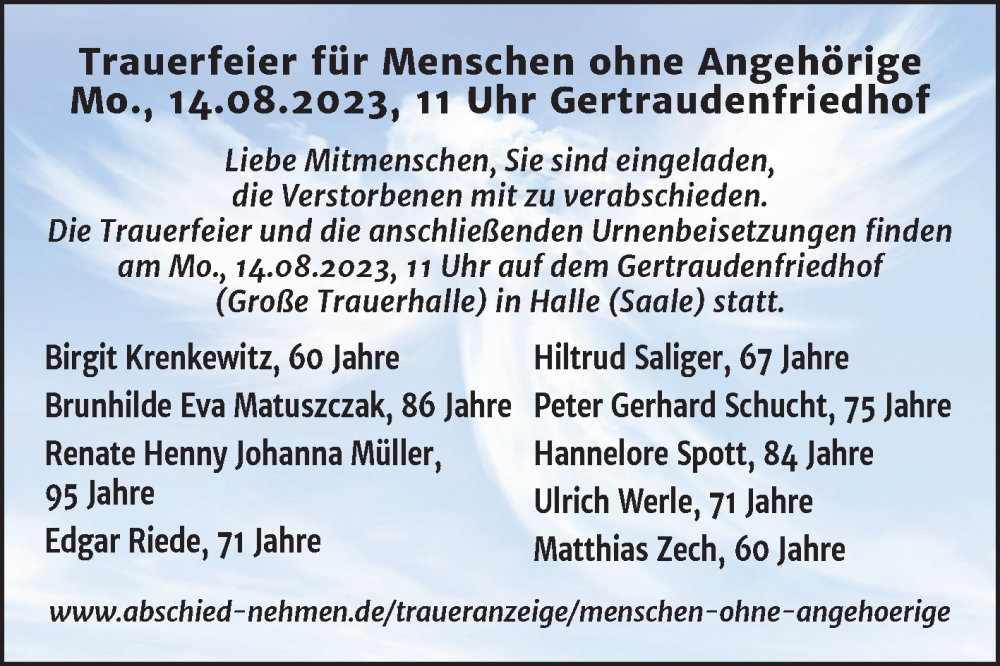  Traueranzeige für Menschen ohne Angehörige  vom 12.08.2023 aus Mitteldeutsche Zeitung Halle