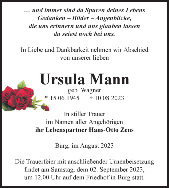 Traueranzeige von Ursula Mann von Volksstimme Burg/Genthin