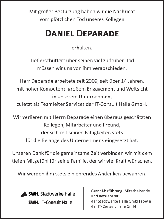 Traueranzeige von Daniel Deparade von Mitteldeutsche Zeitung Halle/Saalkreis