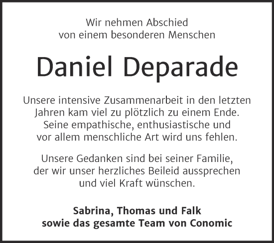 Traueranzeige von Daniel Deparade von Mitteldeutsche Zeitung Halle/Saalkreis