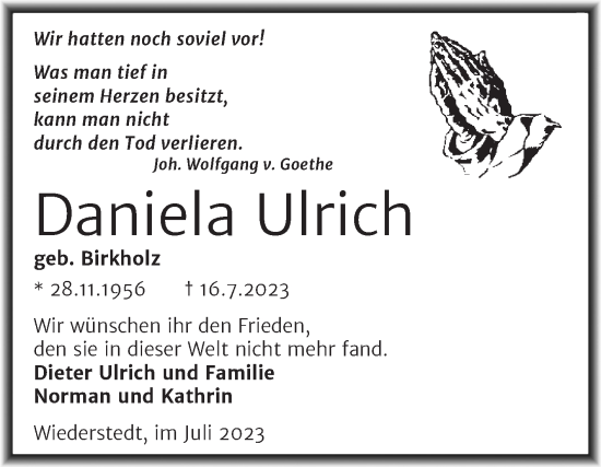Traueranzeige von Daniela Ulrich von Trauerkombi Mansfelder Land