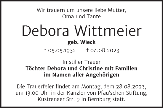 Traueranzeige von Debora Wittmeier von Mitteldeutsche Zeitung Bernburg