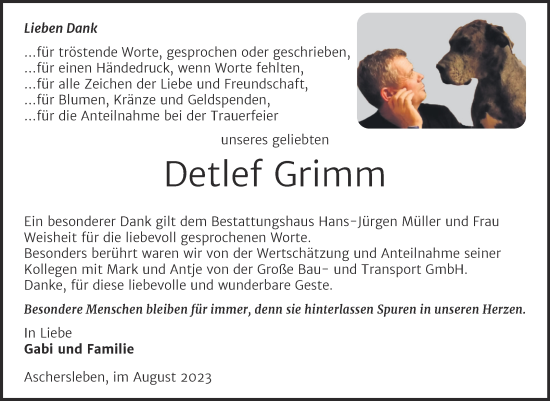 Traueranzeige von Detlef Grimm von Trauerkombi Aschersleben