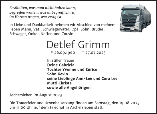 Traueranzeige von Detlef Grimm von Trauerkombi Aschersleben