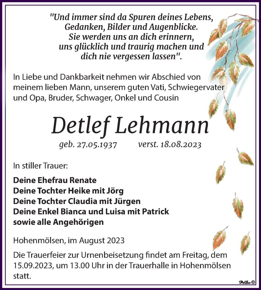  Traueranzeige für Detlef Lehmann vom 26.08.2023 aus Trauerkombi Weißenfels