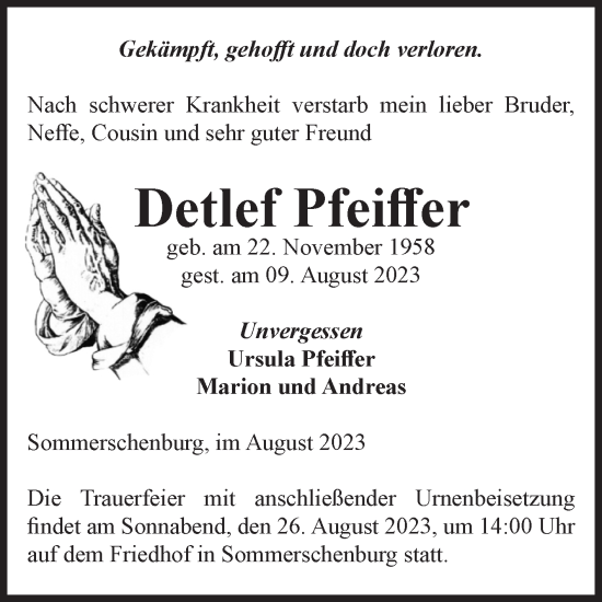 Traueranzeige von Detlef Pfeiffer von Volksstimme Oschersleben/Wanzleben