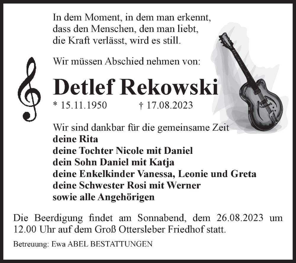  Traueranzeige für Detlef Rekowski vom 23.08.2023 aus Volksstimme Magdeburg