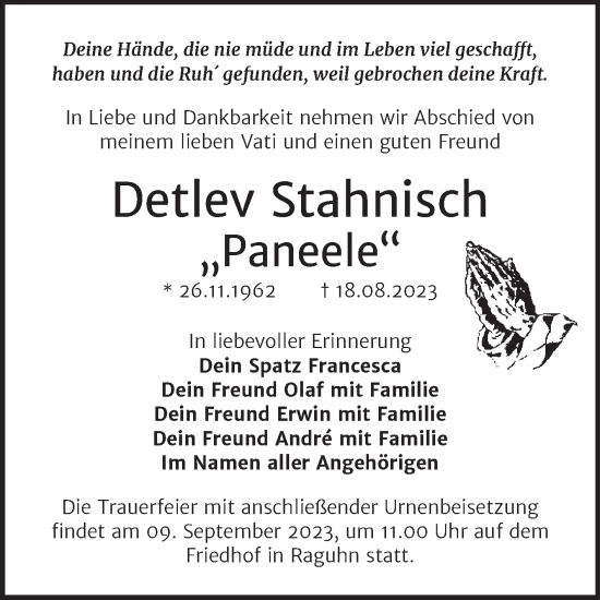 Traueranzeige von Detlev Stahnisch von Trauerkombi Bitterfeld