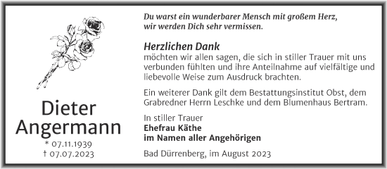 Traueranzeige von Dieter Angermann von Trauerkombi Merseburg