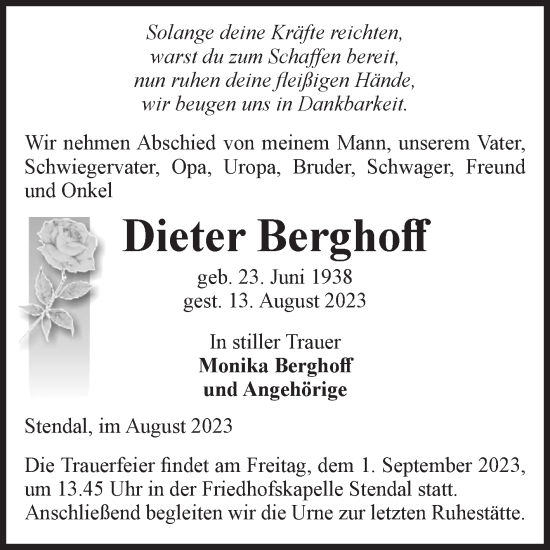 Traueranzeige von Dieter Berghoff von Volksstimme Altmark Ost