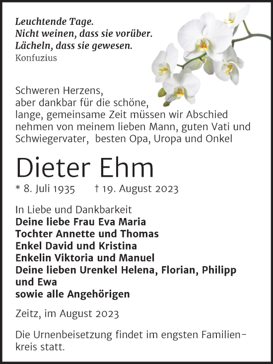 Traueranzeige von Dieter Ehm von Trauerkombi Zeitz