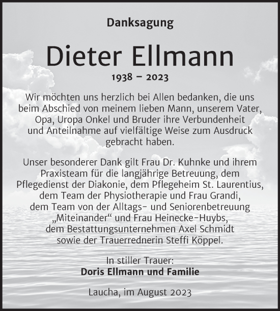 Traueranzeige von Dieter Ellmann von Naumburger Tageblatt
