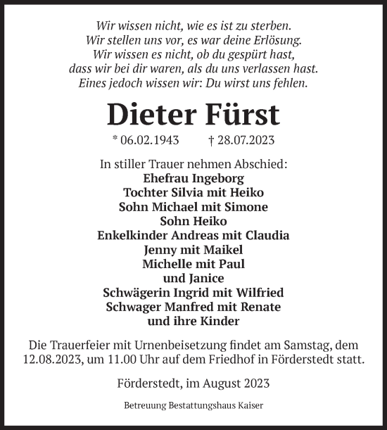 Traueranzeige von Dieter Fürst von Volksstimme Staßfurt