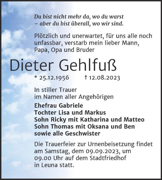 Traueranzeige von Dieter Gehlfuß von Trauerkombi Merseburg