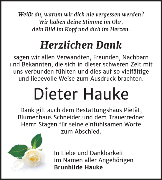 Traueranzeige von Dieter Hauke von Trauerkombi Wittenberg
