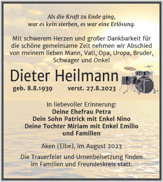 Traueranzeige von Dieter Heilmann von Trauerkombi Köthen