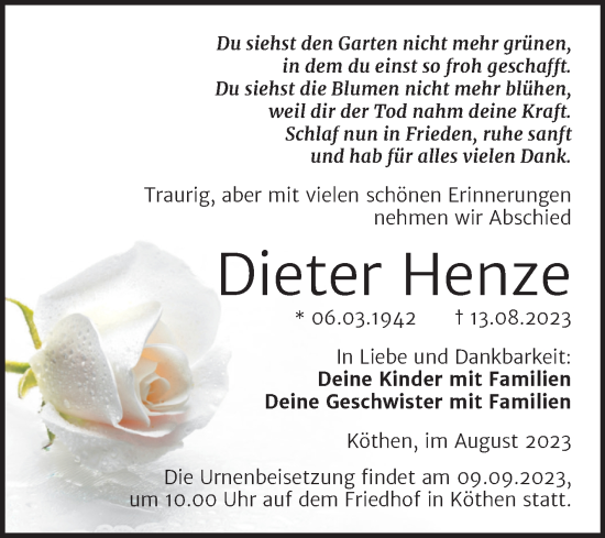 Traueranzeige von Dieter Henze von Trauerkombi Köthen