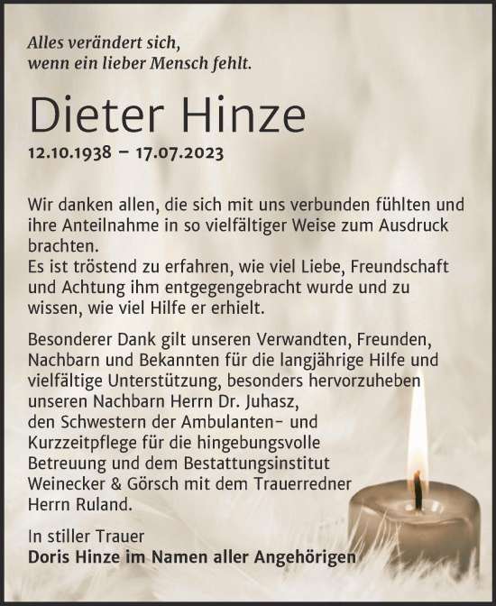 Traueranzeige von Dieter Hinze von Trauerkombi Bernburg