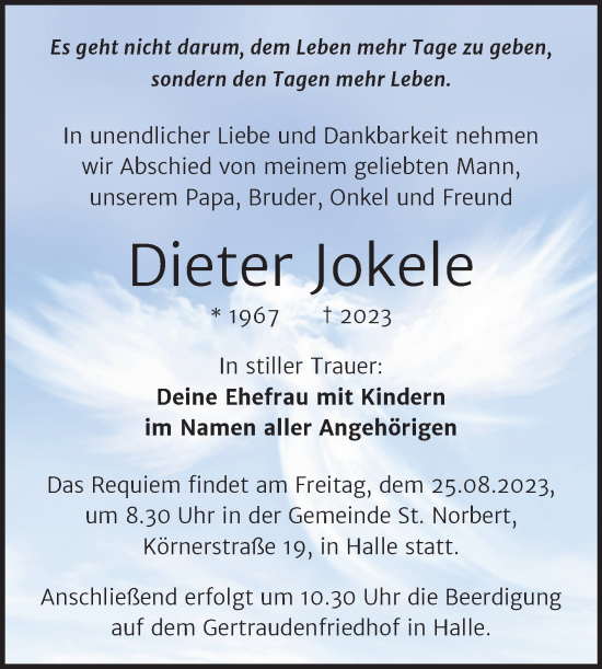 Traueranzeige von Dieter Jokele von Mitteldeutsche Zeitung Halle/Saalkreis
