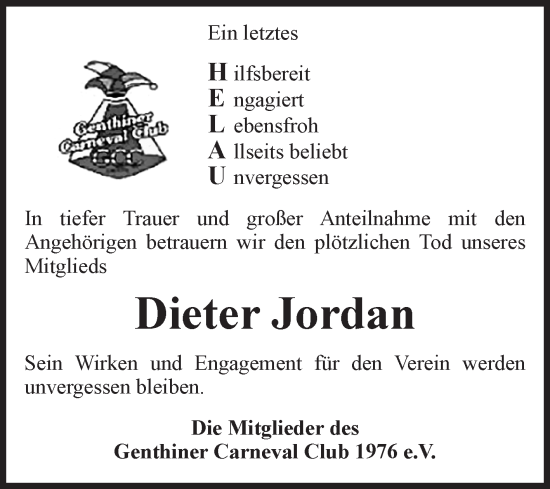 Traueranzeige von Dieter Jordan von Volksstimme Burg/Genthin