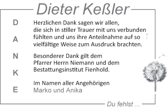 Traueranzeige von Dieter Keßler von Trauerkombi Sangerhausen