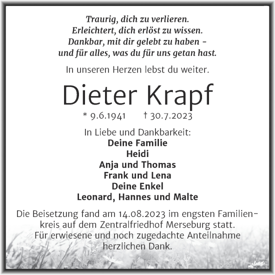 Traueranzeige von Dieter Krapf von Trauerkombi Merseburg