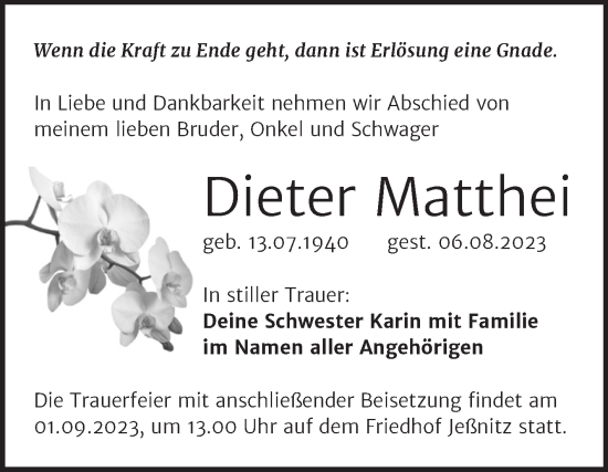 Traueranzeige von Dieter Matthei von Trauerkombi Bitterfeld