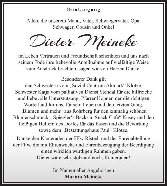 Traueranzeige von Dieter Meineke von Volksstimme Altmark West