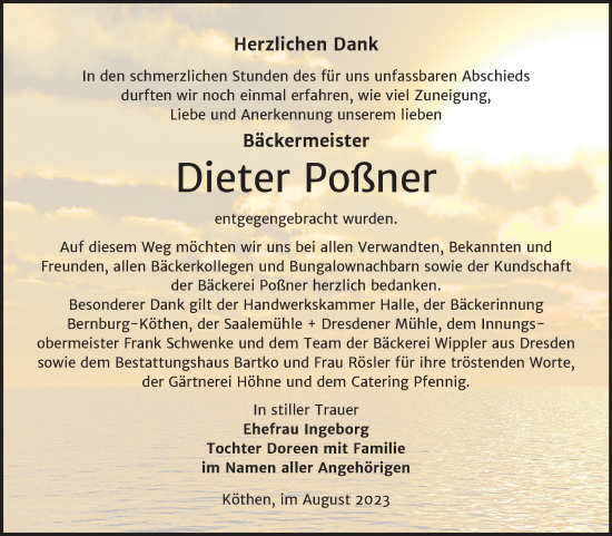 Traueranzeige von Dieter Poßner von Trauerkombi Köthen