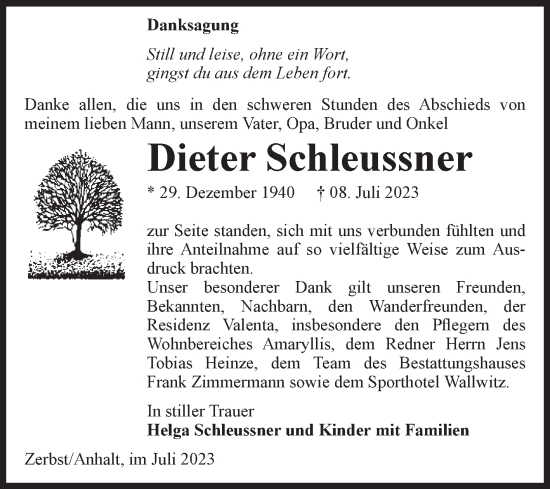 Traueranzeige von Dieter Schleussner von Volksstimme Zerbst