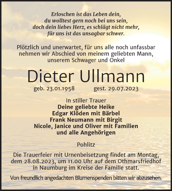 Traueranzeige von Dieter Ullmann von Wochenspiegel Naumburg/Nebra