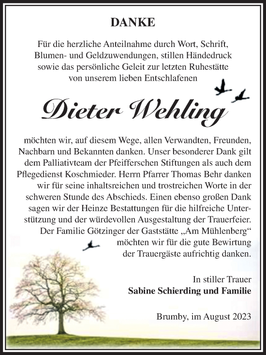 Traueranzeige von Dieter Wehling von Volksstimme Schönebeck
