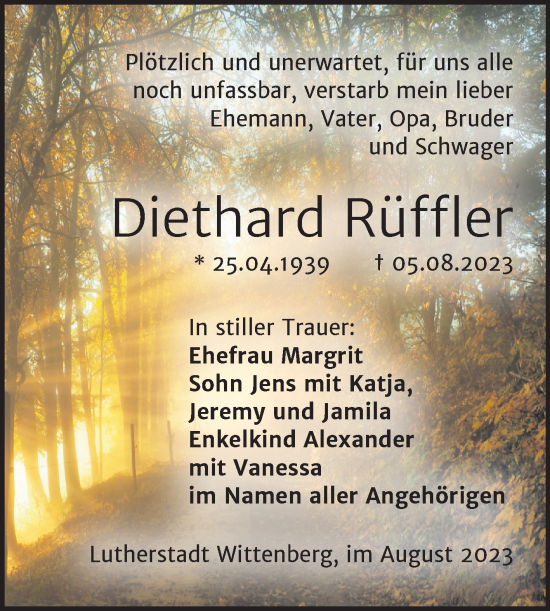 Traueranzeige von Diethard Rüffler von Trauerkombi Wittenberg