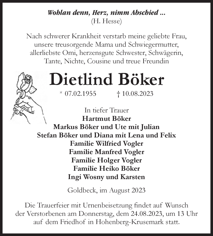  Traueranzeige für Dietlind Böker vom 18.08.2023 aus Volksstimme Altmark Ost